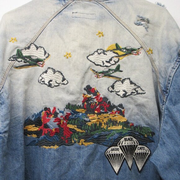 Akoo Black Cats WWII Bomber Distressed Denim Embroidered Collared Shirt sz 3XL - Picture 6 of 7